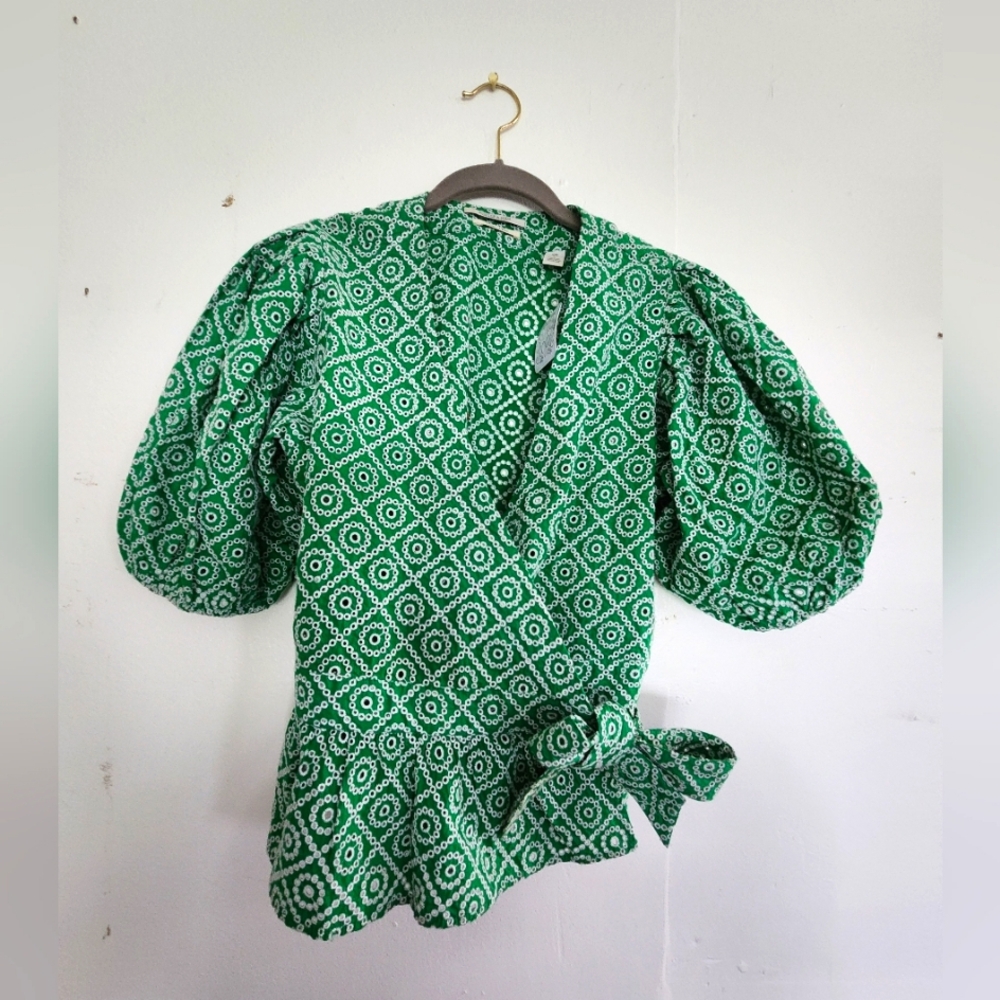 Eyelet poplin wrap blouse cotton puff sleeve anthropologie